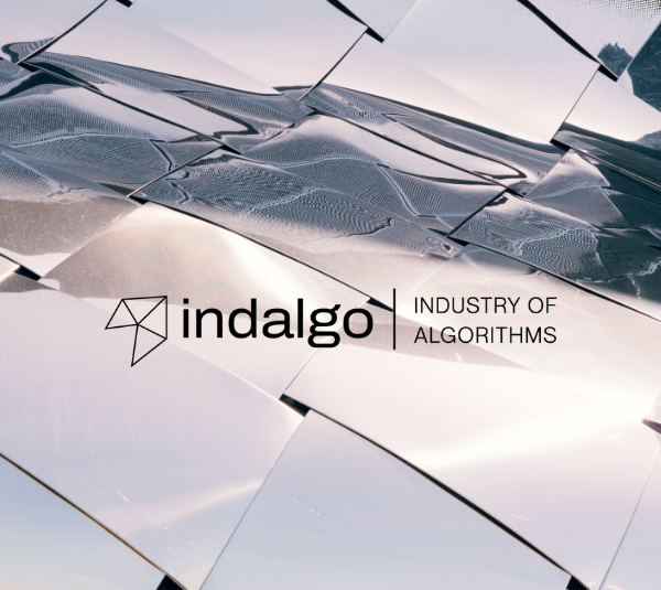 Abstract metallic surface symbolizing Physical AI and the understanding of materials, manufacturing processes, and production systems, with the Indalgo logo and the company slogan “Industry of Algorithms” overlaid.